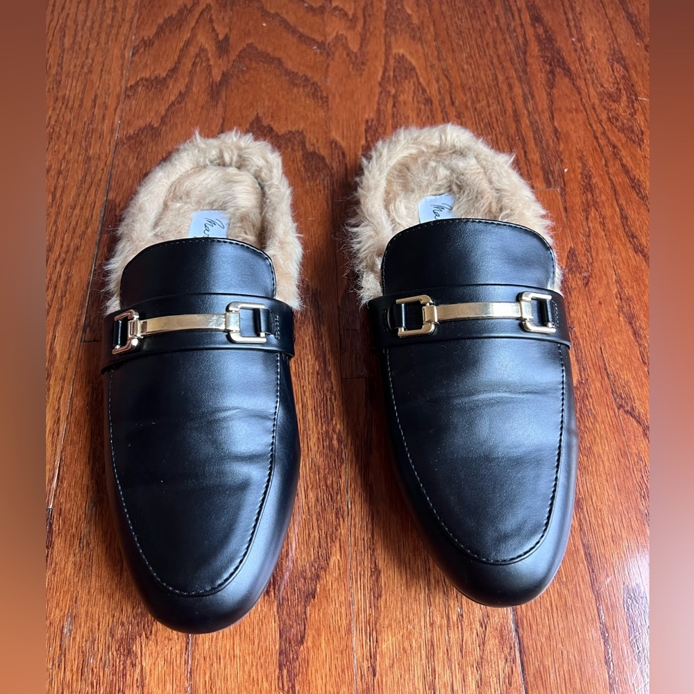 Black Faux-Fur Lined Slip-On Loafers with Gold-Tone Bit